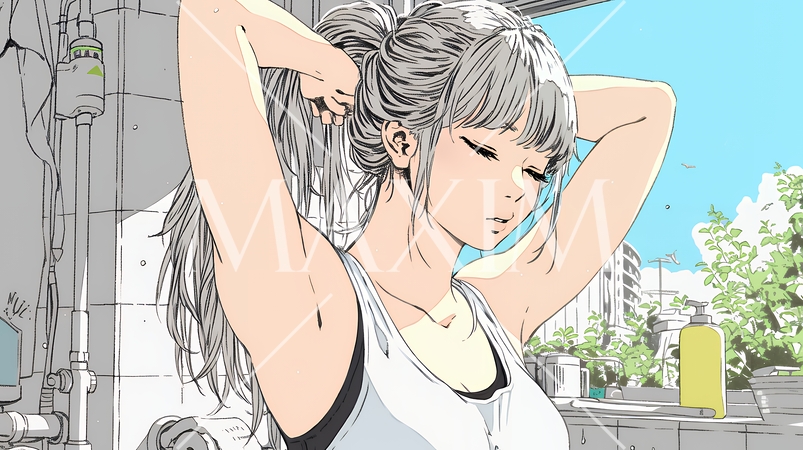 朝支度：洗面所で髪をまとめている若い女性