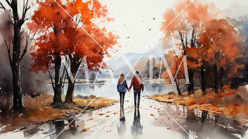 恋人達がいる秋の公園：木々が色づいている水彩画