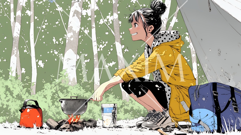 ソロキャンプを楽しんでいる若い女性