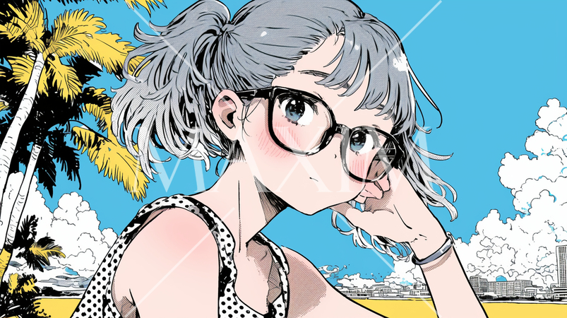 夏の晴天の日、南国の海辺の公園、入道雲をバックに若いメガネっ娘