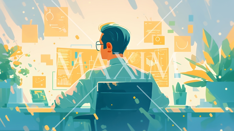 資料作成しているビジネスパーソン：レポート、プレゼンテーション資料の作成。