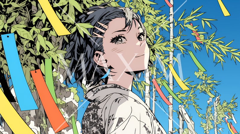 七夕飾りと和服を着た若い女性