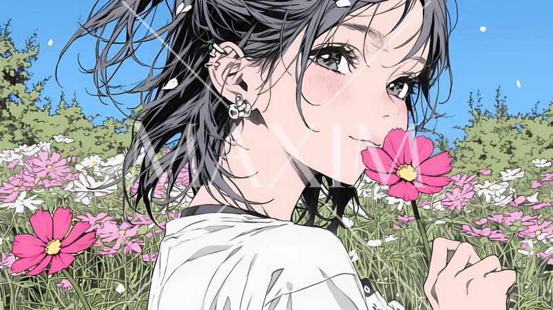 コスモス畑にいる若い女性