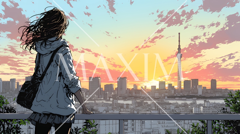 大都会の日没（日の出）とランドスケープを眺めている若い女性