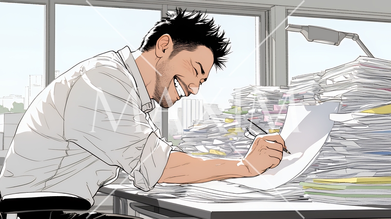 オフィスのデスクで、入念に書類をチェックする男性