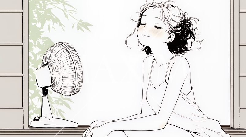 暑い夏の昼下がり、扇風機にあたって涼んでいる若い女性（シンプルな色使い）
