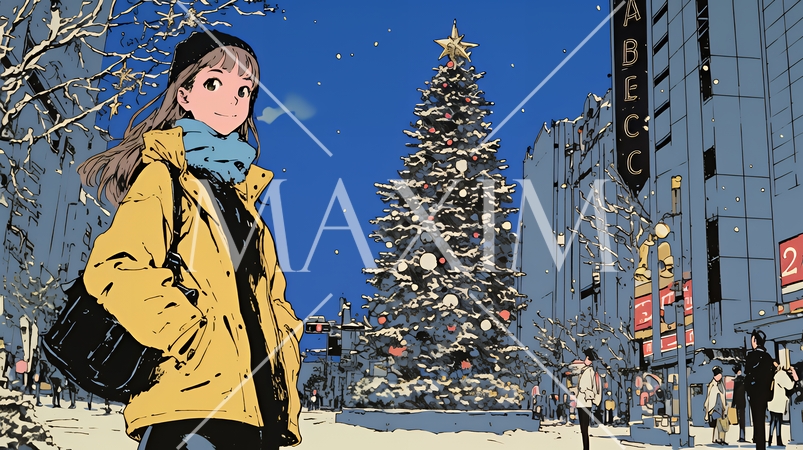 クリスマスイルミネーションが美しい街を散策する若い女性