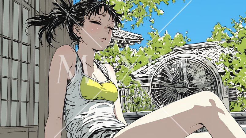 暑い夏の昼下がり、扇風機にあたって涼んでいる若い女性