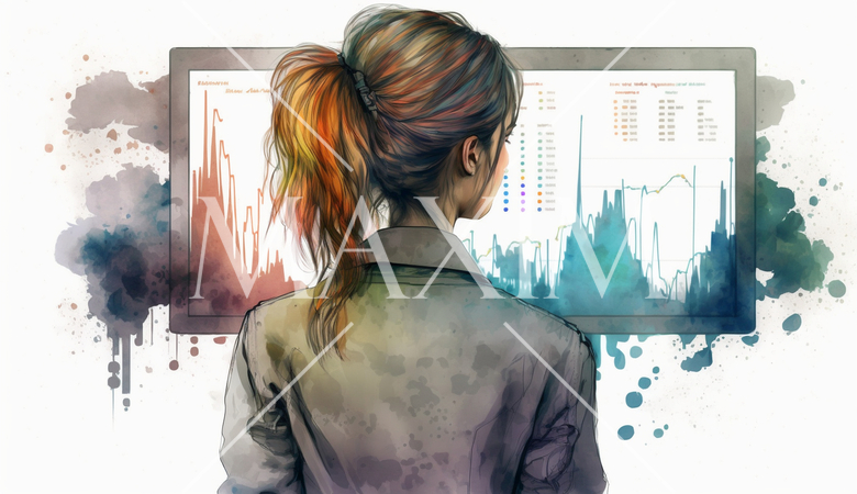 モニターに表示された株価チャートと注文画面を見つめる女性トレーダーの後ろ姿。