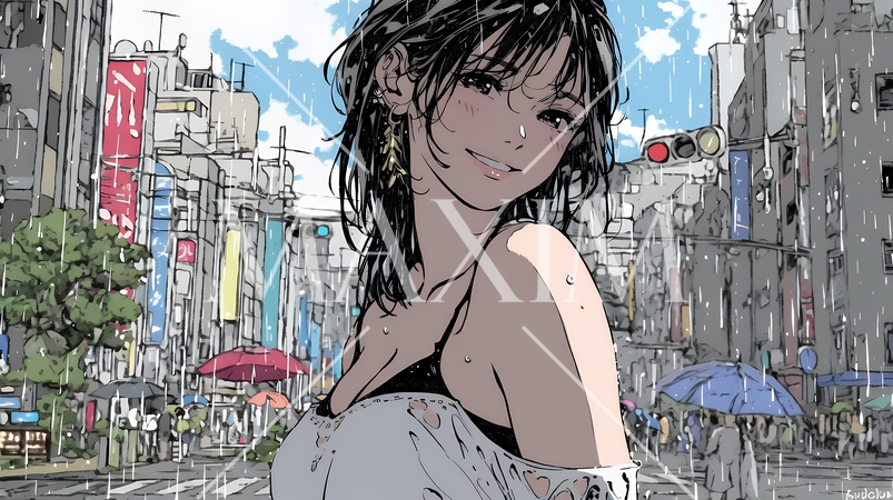 夏の急な雨でびしょ濡れの若い女性