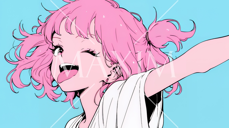 舌を出して陽気におどけている若い女性（シンプルな色使い）