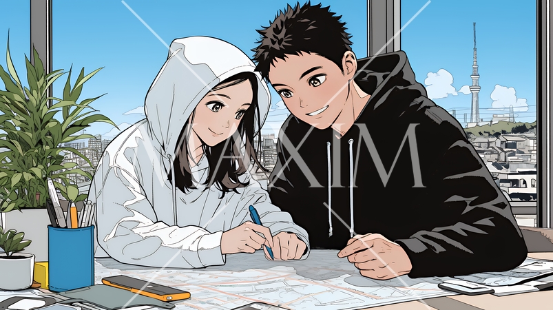 仲良く二人で旅行の計画を立てている若いカップル