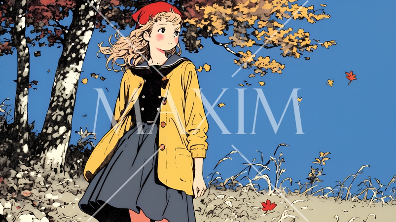 紅葉の小径を歩く若い女性