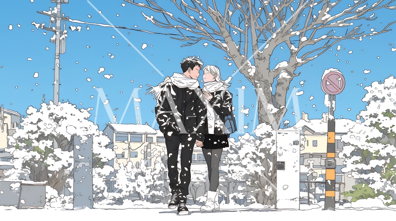 冬枯れ街をデートしている若い恋人たち