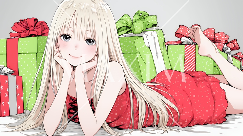 クリスマスプレゼントをたくさんもらって大喜びの若い女性