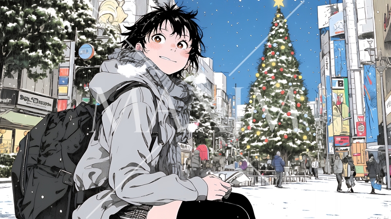 ホワイトクリスマスの街を歩く若い女性