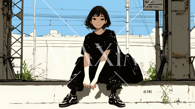 若い女性が佇む都市の街角（シンプルな色使い）