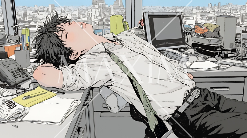 疲れ切った様子でオフィスデスクでため息をついているビジネスマン