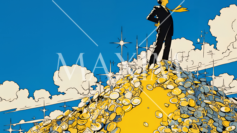 マネーゲームの勝者：金貨の山の登頂に挑み成功した姿で表現