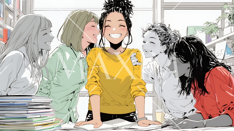 積極的な会話の多いポジティブな職場：社員たちが互いに積極的な意見を交わしている