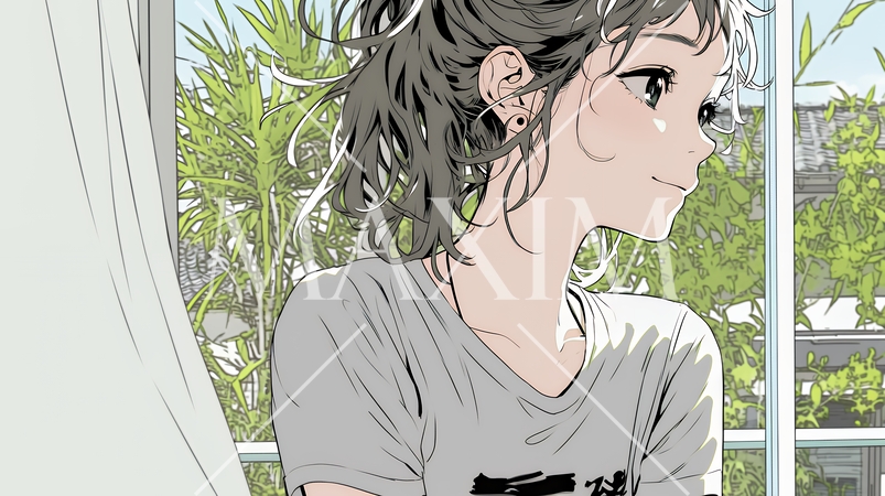 朝、カーテンを開けて天気を確認する若い女性