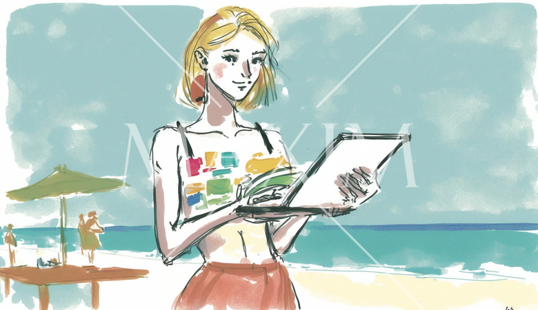 海辺のリゾートに来ているのに仕事のデジタルデバイスを手放せない女性