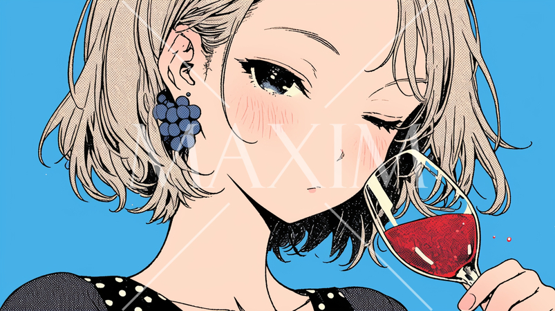 ウィンクしながら赤ワインを飲む若い女性