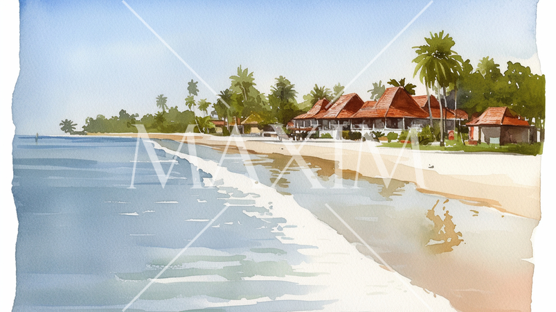 コテージが並ぶ南国の海辺の風景