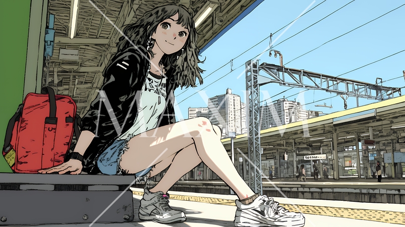 駅のホームで、なかなか来ない電車を待ちくたびれている若い女性