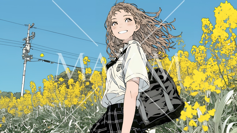 春風の中、菜の花畑にいる制服姿の女子高生