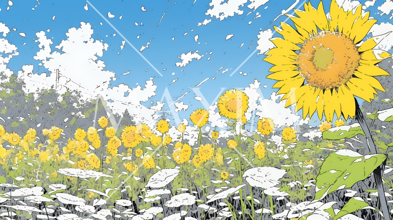 満開のひまわりと真夏の青空