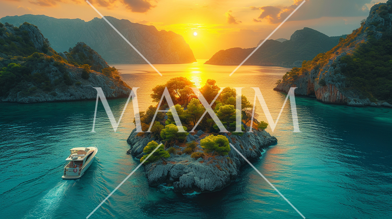 南洋の孤島とヨットと夕日：精緻CG