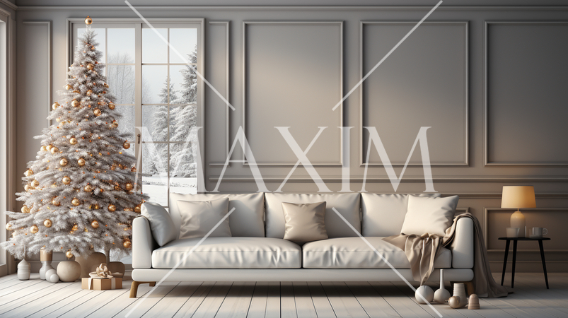 クリスマスツリー飾りのある白基調の居間