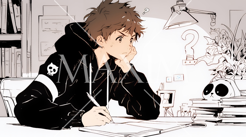 クエスチョンマークのある場面：頭の中にクエスチョンマークが生まれている（シンプルな色使い）