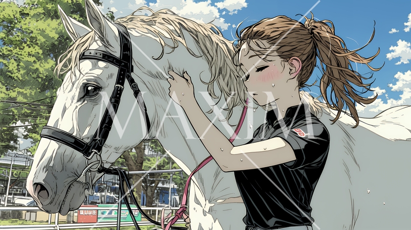 馬の世話をしている若い女性