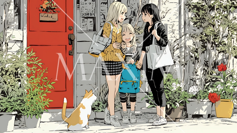 道端で会話を楽しむ若い主婦たち（ママ友たち）