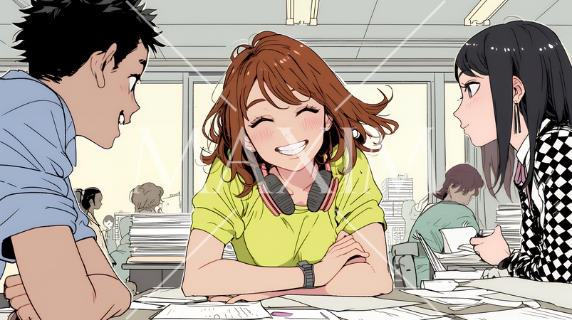 積極的な会話の多いポジティブな職場：社員たちが互いに積極的な意見を交わしている