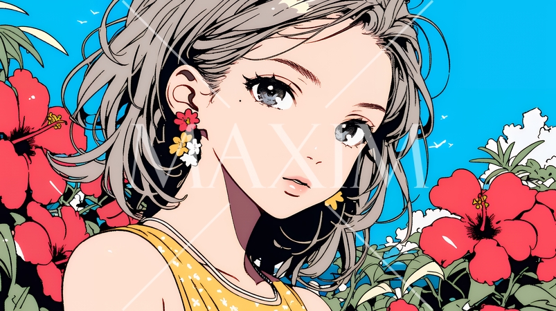 ハイビスカスと若い女性