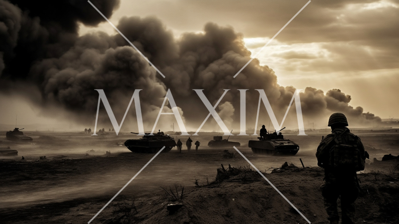 戦争最前線の地上戦部隊：セピア写実的描画