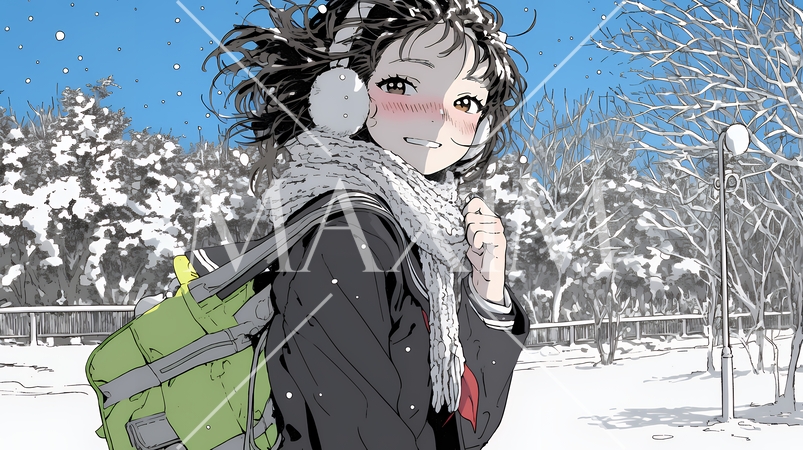 雪の日に通学する女子高生