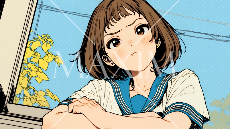 「ふん！」という表情でそっぽを向いている制服を着た女子高生