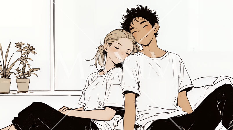 幸せそうなカップル：リビングルームて談笑（シンプルな色使い）