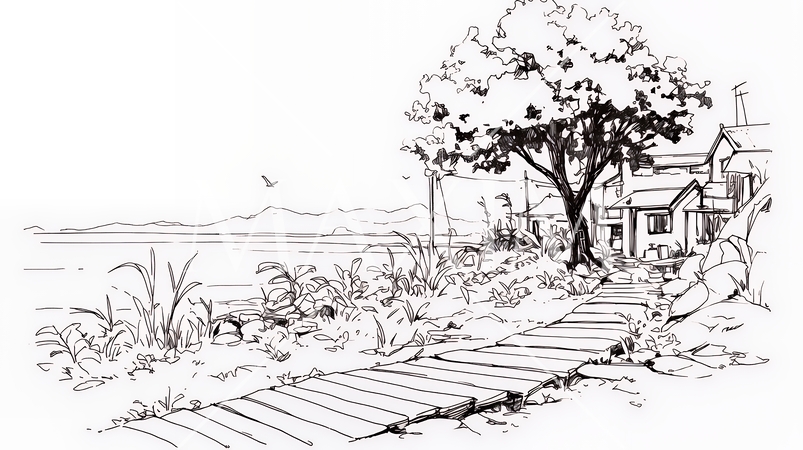 夏のビーチの風景（シンプルな色使い）