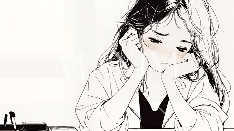 ため息をつく若い女性（シンプルな色使い）