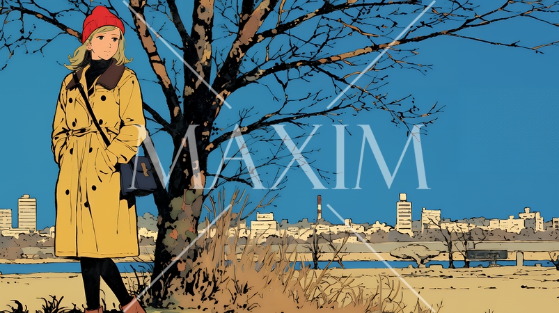 冬枯れの郊外の道を歩く若い女性