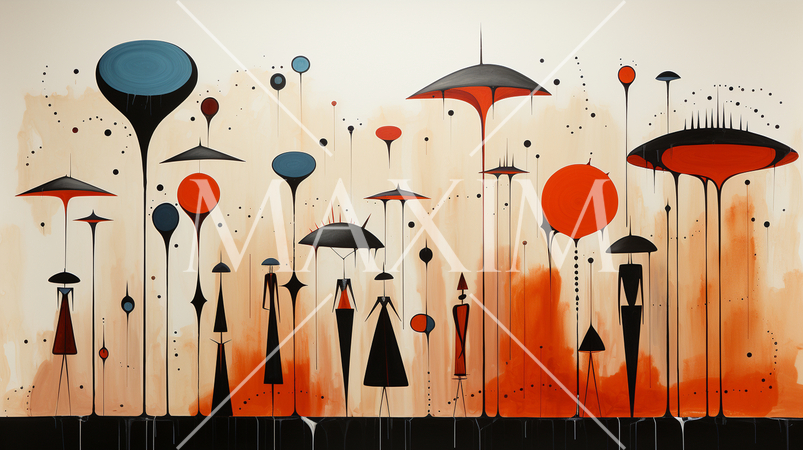 雨の日に傘をさしている人々のキュービズム的描写