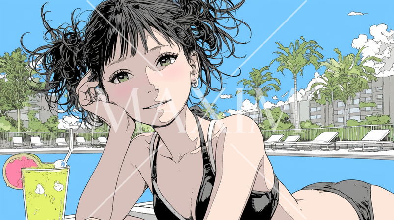 南国のリゾートホテルのプールにビキニ姿でいる若い女性