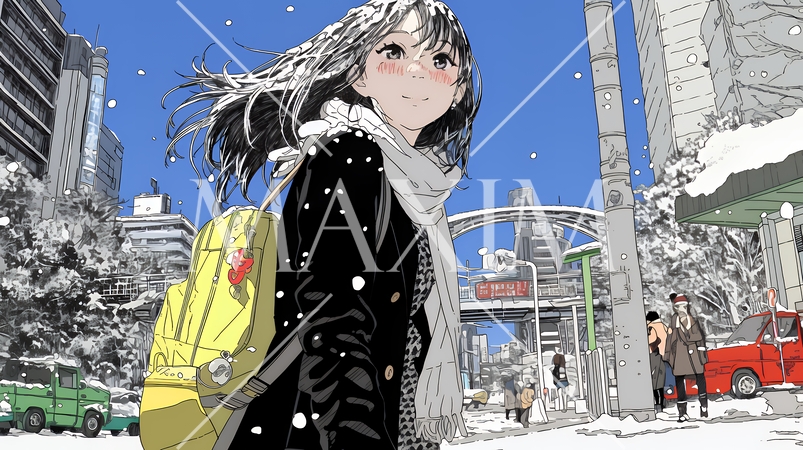 雪の積もる冬の都会を散策している若生女性