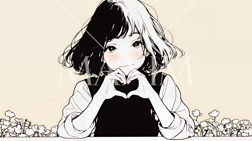 ハートマークを手で作り愛情表現をしている若い女性（シンプルな色使い）