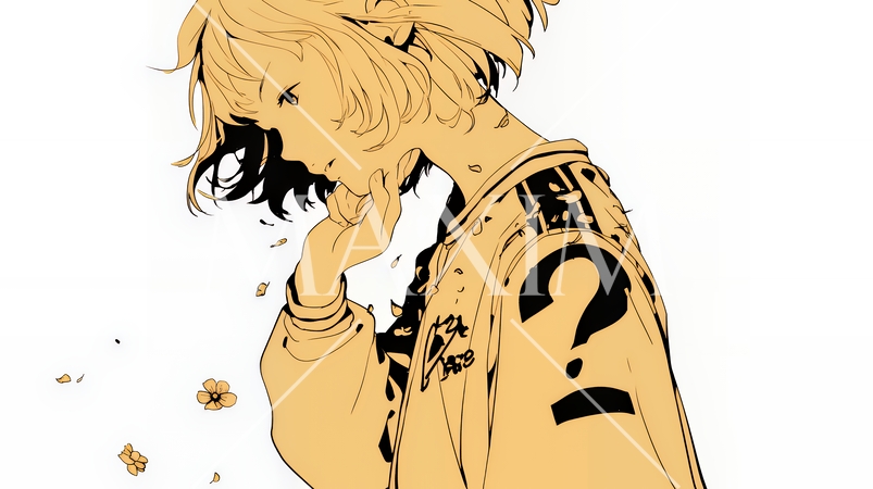 クエスチョンマークのある場面：頭の中にクエスチョンマークが生まれている（シンプルな色使い）